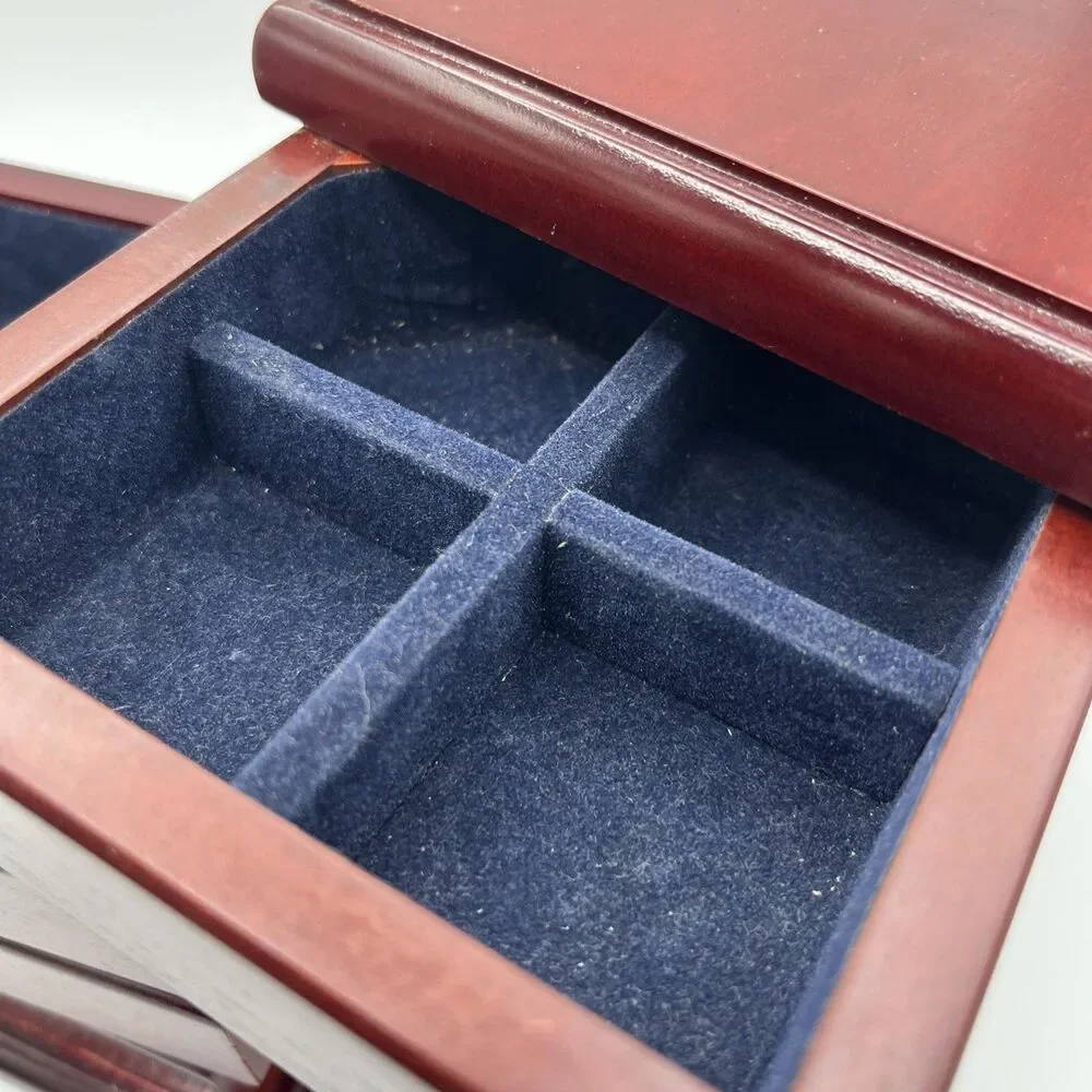 Vintage Swivel Tiered Wooden Jewelry Box Organizer Flex Zorb Anti Tarnish Lining